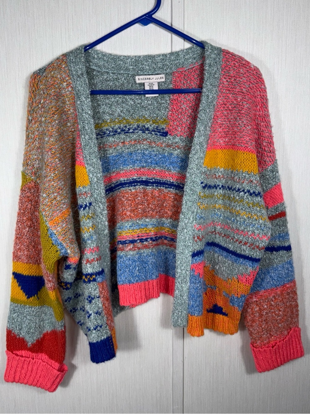 Sincerely Jules Multicolor Patchwork Cardigan Sweater XS Boho Knit Boucle